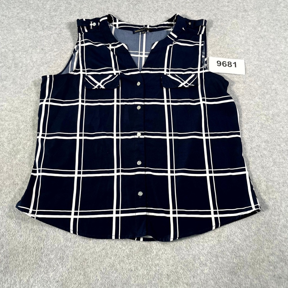 Adrienne Vittadini Blouse Top Womens XL Navy Blue White Plaid Grid Button Front